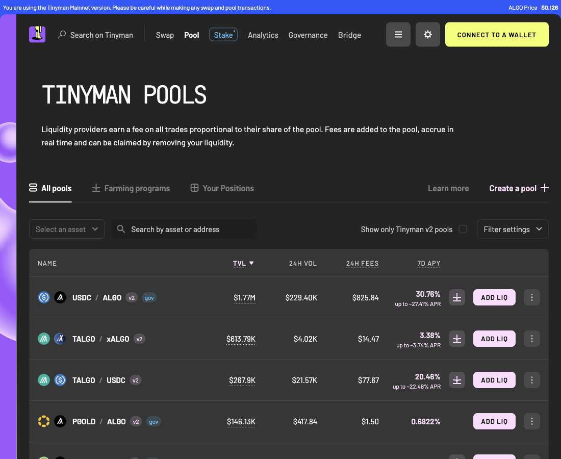Tinyman verified pool list on the morning of 1 October 2026. USDC/ALGO leads at 30.76% and $1.77M. TALGO/USDC is third at 20.48% and about $268k.