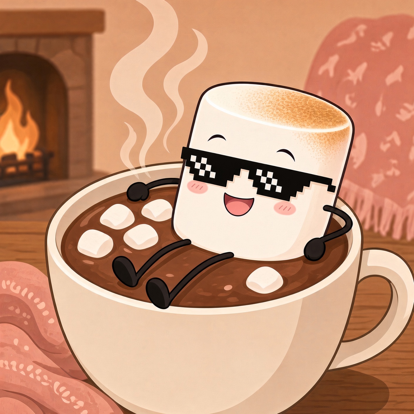 Mallow in pixel "deal with it" sunglasses, lounging in a mug of hot chocolate beside a fireplace.