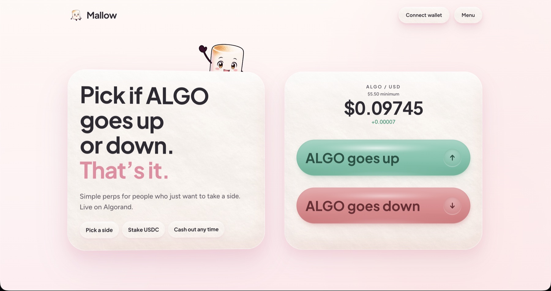 The soft Mallow desk on a blush background. A marshmallow waves over two cards: "Pick if ALGO goes up or down. That's it." on the left, and ALGO/USD at $0.09745 with green Up and pink Down buttons on the right.