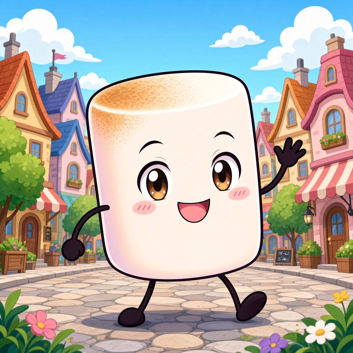 Mallow waving on a cobbled street in a pastel town.
